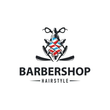 Klasik retro modern berber logosu tasarımı, berber dükkanı konsepti, havalı saç stili ve tıraş malzemelerinin resim çizimlerinin silüeti ürün markası, iş ve dükkan şablonu