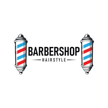 Klasik retro modern berber logosu tasarımı, berber dükkanı konsepti, havalı saç stili ve tıraş malzemelerinin resim çizimlerinin silüeti ürün markası, iş ve dükkan şablonu