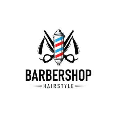 Klasik retro modern berber logosu tasarımı, berber dükkanı konsepti, havalı saç stili ve tıraş malzemelerinin resim çizimlerinin silüeti ürün markası, iş ve dükkan şablonu