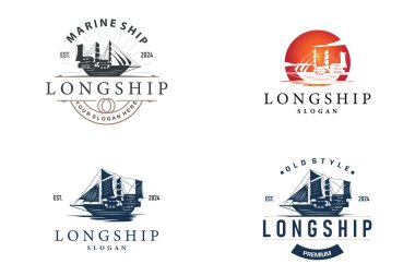 Antika Viking uzun gemi savaş gemisi logosu geleneksel okyanus yelkenlisi siluet tasarımı demet koleksiyonu