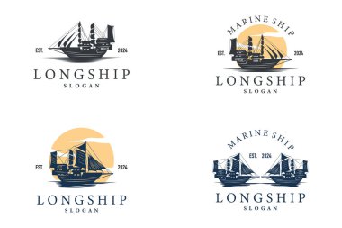 Antika Viking uzun gemi savaş gemisi logosu geleneksel okyanus yelkenlisi siluet tasarımı demet koleksiyonu