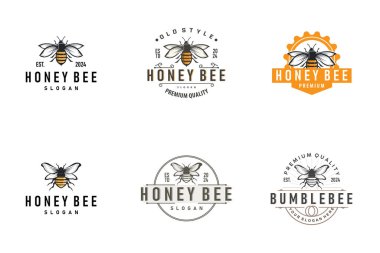 Organik bal arısı logosu tasarımı demet retro vintage konsept arılar hayvan prim şablonu