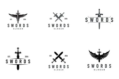 Siyah siluet tasarımı, logo kılıçlı savaş teçhizatı. Bıçak izi gücü.