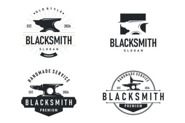 Demirci sanatı logosu demeti siyah siluet antika atölye amblemi ile örs deseni çizimi