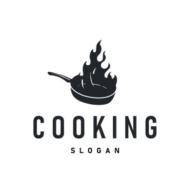 Siyah siluet kızartma tavalı, basit şablon restoran logosu, kafe, bar logosu olan antika retro tasarım yemek logosu kavramı