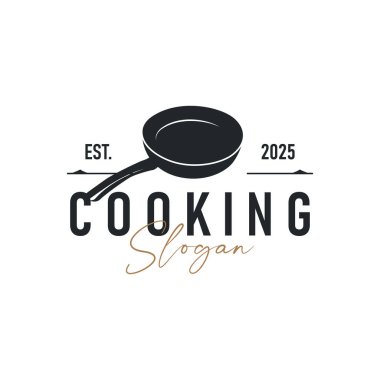 Siyah siluet kızartma tavalı, basit şablon restoran logosu, kafe, bar logosu olan antika retro tasarım yemek logosu kavramı
