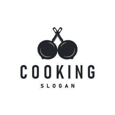 Siyah siluet kızartma tavalı, basit şablon restoran logosu, kafe, bar logosu olan antika retro tasarım yemek logosu kavramı