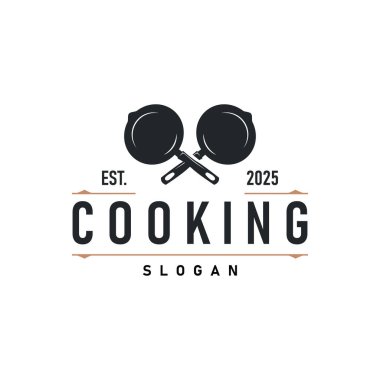Siyah siluet kızartma tavalı, basit şablon restoran logosu, kafe, bar logosu olan antika retro tasarım yemek logosu kavramı