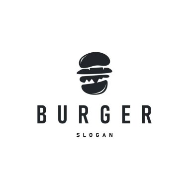 Basit tasarım fast food logosu hamburgerler et ekmeği ve sebzeli lezzetli yemekler illüstrasyon şablonu ve ticari ürün markası için basit retro gıda logosu kavramı