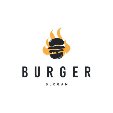 Basit tasarım fast food logosu hamburgerler et ekmeği ve sebzeli lezzetli yemekler illüstrasyon şablonu ve ticari ürün markası için basit retro gıda logosu kavramı
