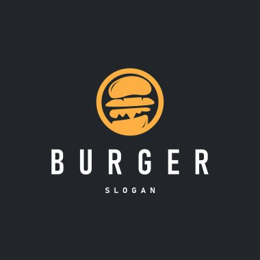 Basit tasarım fast food logosu hamburgerler et ekmeği ve sebzeli lezzetli yemekler illüstrasyon şablonu ve ticari ürün markası için basit retro gıda logosu kavramı