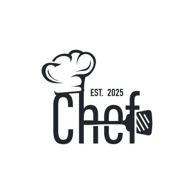 Aşçı şapkası ikonuyla yemek pişirme logosu ve restoran, bar, kafe, yemek şirketi için yemek pişirme ekipmanları silueti sembolü, poster ya da ticari markalar için resim çizimi gibi basit, zarif bir siluet tasarımı.