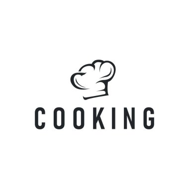Aşçı şapkası ikonuyla yemek pişirme logosu ve restoran, bar, kafe, yemek şirketi için yemek pişirme ekipmanları silueti sembolü, poster ya da ticari markalar için resim çizimi gibi basit, zarif bir siluet tasarımı.