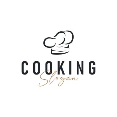 Aşçı şapkası ikonuyla yemek pişirme logosu ve restoran, bar, kafe, yemek şirketi için yemek pişirme ekipmanları silueti sembolü, poster ya da ticari markalar için resim çizimi gibi basit, zarif bir siluet tasarımı.