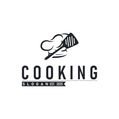 Aşçı şapkası ikonuyla yemek pişirme logosu ve restoran, bar, kafe, yemek şirketi için yemek pişirme ekipmanları silueti sembolü, poster ya da ticari markalar için resim çizimi gibi basit, zarif bir siluet tasarımı.