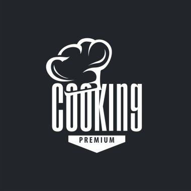Aşçı şapkası ikonuyla yemek pişirme logosu ve restoran, bar, kafe, yemek şirketi için yemek pişirme ekipmanları silueti sembolü, poster ya da ticari markalar için resim çizimi gibi basit, zarif bir siluet tasarımı.