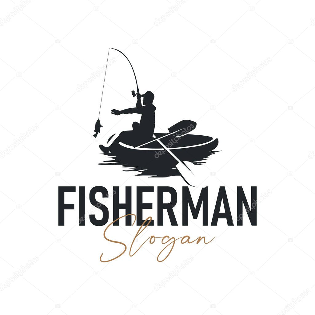 Angler Fishing Logo, Simple Outdoor Fishing Man Silhouette Template Design