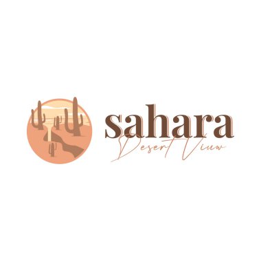 Sahara çölündeki doğal manzara logosu sahara, basit ve zarif bir konsept, dağ manzarası ve kaktüs ağaçları, tasarım şablonu çiziminin sembolü.