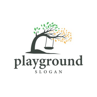 Ağaç silueti kavramı çocukların oyun alanı logosu oyun alanı doğal ağaç kavramı ve yeşil orman ağacı doğası ürün markası sembolü veya poster illüstrasyon şablonu olarak.