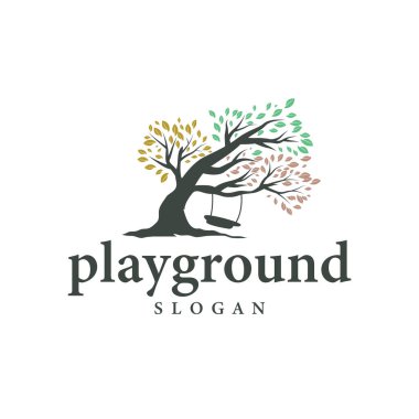 Ağaç silueti kavramı çocukların oyun alanı logosu oyun alanı doğal ağaç kavramı ve yeşil orman ağacı doğası ürün markası sembolü veya poster illüstrasyon şablonu olarak.