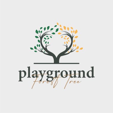 Ağaç silueti kavramı çocukların oyun alanı logosu oyun alanı doğal ağaç kavramı ve yeşil orman ağacı doğası ürün markası sembolü veya poster illüstrasyon şablonu olarak.