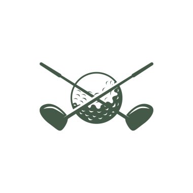 Golf logosu tasarımı açık hava sporu. Basit top ve golf sopası tasarımı. Simgesel olarak siyah siluet.