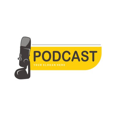 Mikrofon logosu tasarımı, Podcast için siyah yoğunlaştırıcı mikrofon konsepti, ticari marka illüstrasyon şablonu veya poster için basit vintage ve modern tasarım