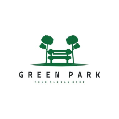 Basit park logosu, güzel ve rahat ağaç ve sandalye konseptiyle poster ve marka için basit tasarım şablonu çizimi yapmak ve rahatlatmak için