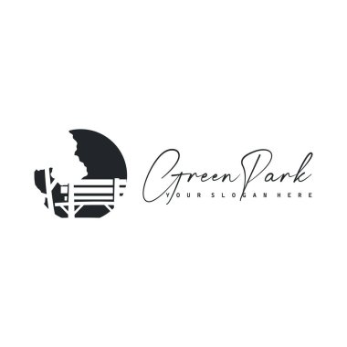 Basit park logosu, güzel ve rahat ağaç ve sandalye konseptiyle poster ve marka için basit tasarım şablonu çizimi yapmak ve rahatlatmak için