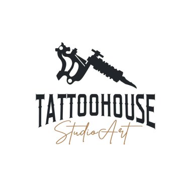 Siyah siluet illüstrasyon logo dövme makinesi eski moda minimalist konsept şablon dövme stüdyo tasarımı