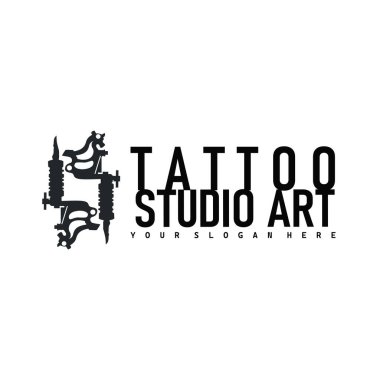 Siyah siluet illüstrasyon logo dövme makinesi eski moda minimalist konsept şablon dövme stüdyo tasarımı