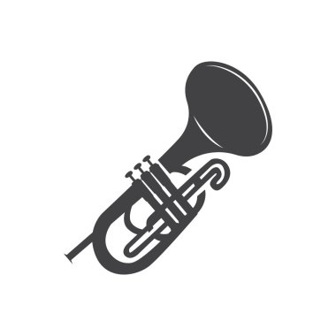 Minimalist müzik trompet logosu. Eski moda konsept siyah siluet. Sembol olarak müzik aletinin silüeti.