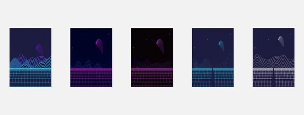 Retro gelecekçi manzara 1980 'lerin tarzı poster ya da kapak tasarımı şablonu. Dijital retro peyzaj siber yüzeyi. 80 'lerin parti geçmişi. Retro 80 'lerin moda bilimkurgu geçmişi. Dijital Siber Yüzey.