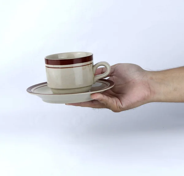 Рука Тримає Склянку Чашки Білому Тлі — стокове фото