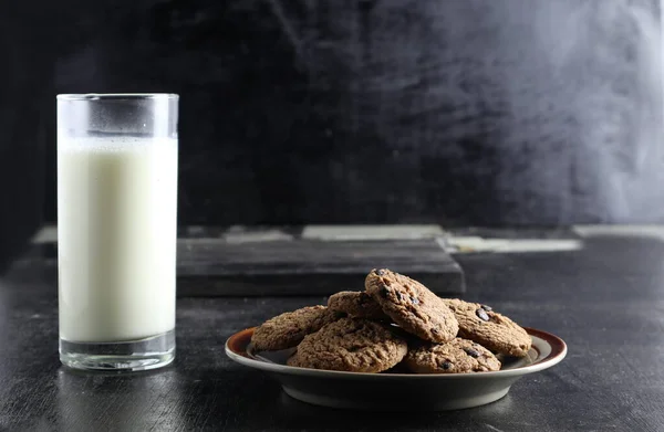 Cookies Milk Black Background Space Text — Stock Photo, Image