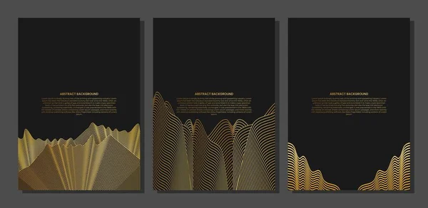 Soyut poster seti ya da altın çizgi dalgasıyla kaplanmış. Lüks bir şekilde. Teknik şablon. Dalgalı kıvrımlı çizgi, düz çizgi