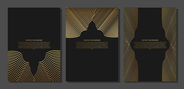 Soyut poster seti ya da altın çizgi dalgasıyla kaplanmış. Lüks bir şekilde. Teknik şablon. Dalgalı kıvrımlı çizgi, düz çizgi