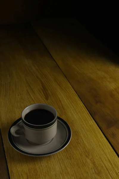 Cup Black Coffee Wooden Background Copyspace Area — Stock Photo, Image