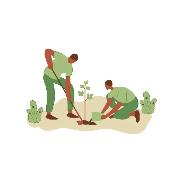 Vector Illustration People Planting Trees Concept Saving Earth Ecology Volunteering — Vector de stock
