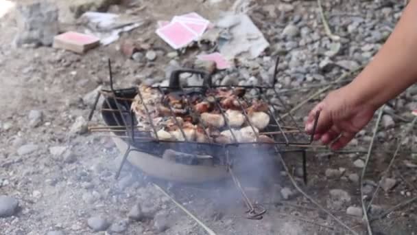 Chicken Satay Being Grilled Coals — Stock Video