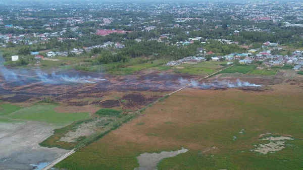 aerial view of land fire on the edge of Lake Limboto