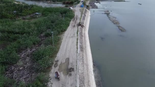 Aerial View Bentor Becak Motor Riders Speeding Road Lake Limboto — Stock Video