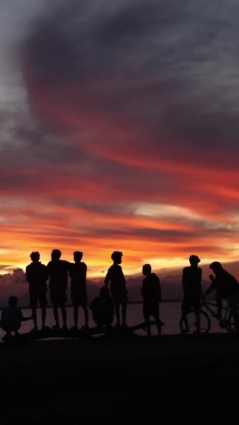 Vertical Video Silhouette Group People Lake Beautiful Sunset — стоковое видео