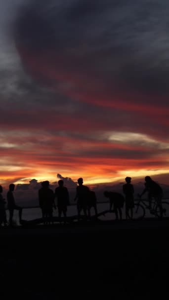 Vertical Video Silhouette Group People Lake Beautiful Sunset — стоковое видео