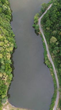 Ormanın ve gölün ortasındaki yolun havadan görünüşü