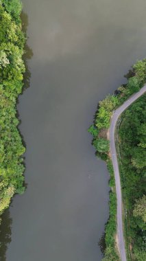 Ormanın ve gölün ortasındaki yolun havadan görünüşü