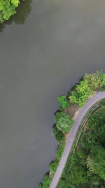 Dikey İHA Ormanın ve Gölün Ortasındaki Yol Görüntüsü