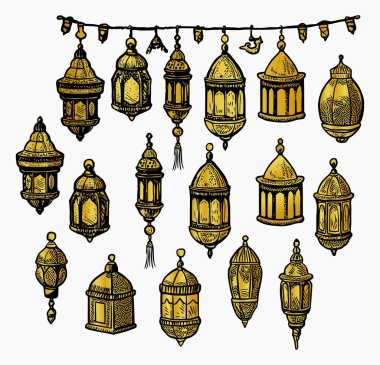 Ramazan Altın Feneri koleksiyonu. Vektör İllüstrasyonu