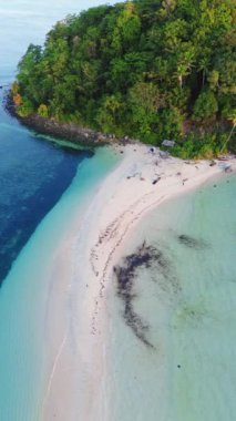 Turkuaz Su ve Beyaz Kum ile Güzel Tropikal Plajın Dikey Drone Görüntüsü
