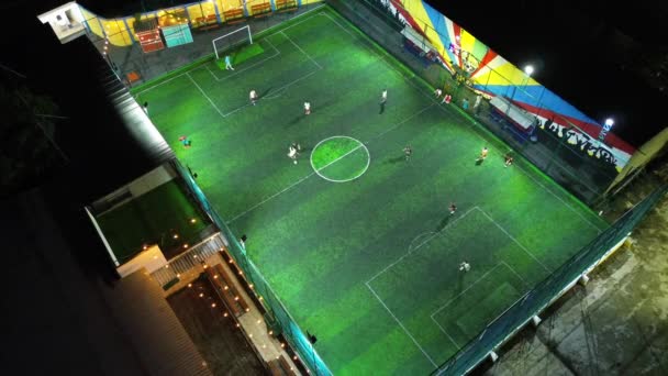 Aerial View Mini Football Match Soccer Minifootball Field Footballers Drone — Stock Video